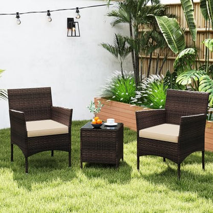 3 Piece Patio Furniture Set, Outdoor Wicker Patio Chairs with Soft Cushions & Tempered Glass Top Table, PE Rattan Bistro Set for Porch, Garden, Balcony (Beige)