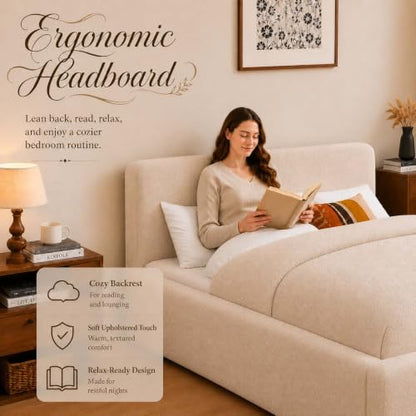 Queen Size Upholstered Bed Frame with Headboard, Cloud Boucle Bed Frame, view 4
