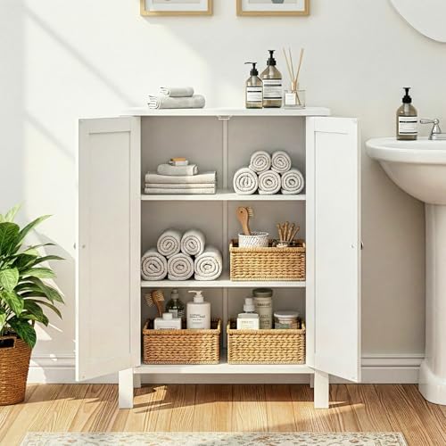 Bonnlo Bathroom Cabinet Free Standing Floor Storage with Double Door Adjustable Shelf Space Saver Decorative Modern Bathroom Furniture White