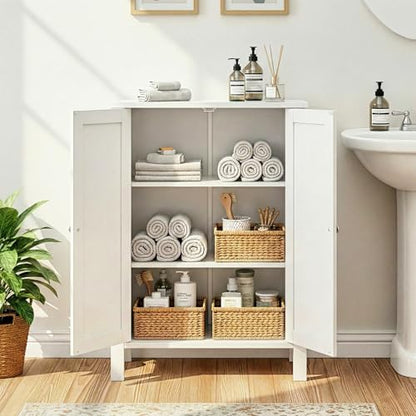 Bonnlo Bathroom Cabinet Free Standing Floor Storage with Double Door Adjustable Shelf Space Saver Decorative Modern Bathroom Furniture White