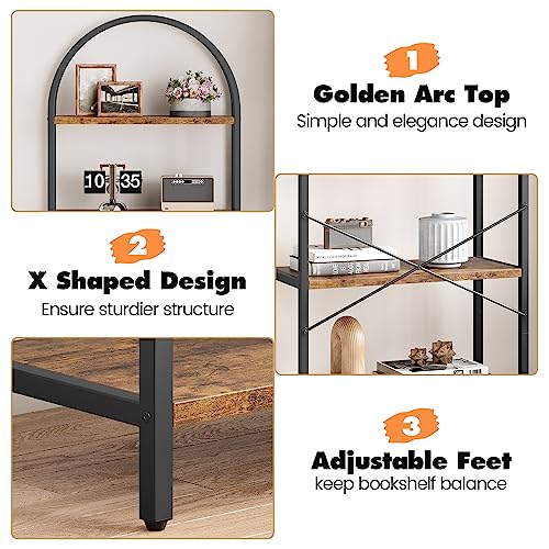Bookshelf 5 Tier Bookcase Arched Display Racks Tall Standing Bookshelves Metal Frame Modern Storage Rack Shelf Large Wood Book Shelf for Bedroom, Living Room, Home Office (Rustic Brown)