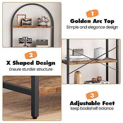 Bookshelf 5 Tier Bookcase Arched Display Racks Tall Standing Bookshelves Metal Frame Modern Storage Rack Shelf Large Wood Book Shelf for Bedroom, Living Room, Home Office (Rustic Brown)