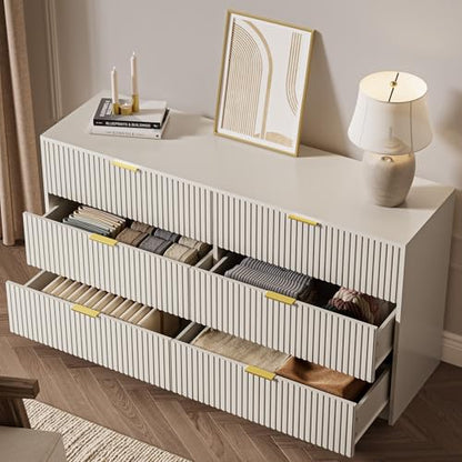 55" Wide Fluted 6-Drawer Double Dresser for Bedroom, Beige, view 6