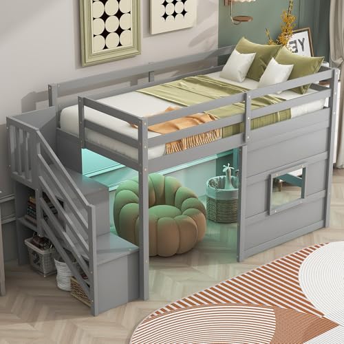 Loft Bed Twin Size with LED Lights for Kids,Grey | Under-Bed Play Space,Wide Staircase,Safety Guardrail,Wood Loft Beds