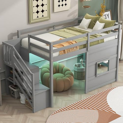 Loft Bed Twin Size with LED Lights for Kids,Grey | Under-Bed Play Space,Wide Staircase,Safety Guardrail,Wood Loft Beds