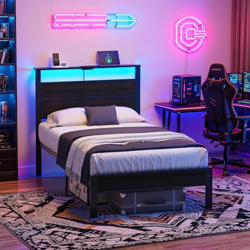 Twin Size Bed Frame with LED Lights and USB Charging Station, view 4