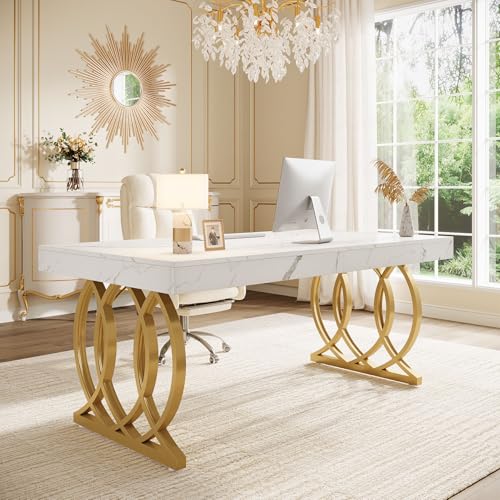 Tribesigns 63-Inch Executive Desk, Modern Office Computer Desk with Stylish Gold Legs, Rectangular Workstation for Home Office, Small Conference Table for Meeting Room (White & Gold)