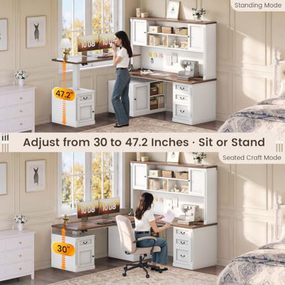 Farmhouse L Shaped Electric Standing Desk with Hutch, view 6