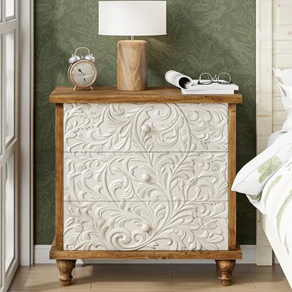 3 Drawer Farmhouse Dresser with Embossed Weathered Flower Motif, Vintage Nightstand for Bedroom, Almost Fully-Assembled, Boho, Natural Wood, White