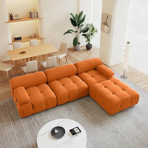 104'' Modular Sectional Sofa, L-Shaped Velvet Modular Couch with Reversible Chaise Ottoman, Modern Cloud Sectional Couches for Living Room, Apartment (3 Seats, 1 Ottoman, Orange)