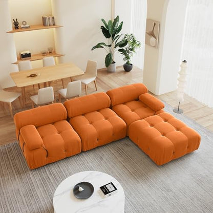 104'' Modular Sectional Sofa, L-Shaped Velvet Modular Couch with Reversible Chaise Ottoman, Modern Cloud Sectional Couches for Living Room, Apartment (3 Seats, 1 Ottoman, Orange)