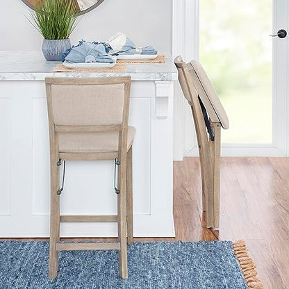 Keira Natural Rustic Wooden Folding 25 Inch Seat Height Counter Stool with Beige Upholstered Seat and Back
