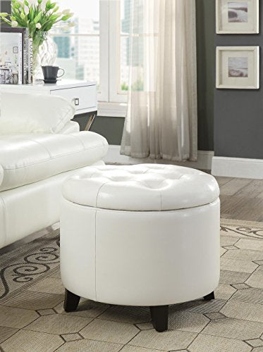 Designs4Comfort Round Storage Ottoman 19.75" - Versatile Contemporary Foot Stool for Living Room, Office, Ivory Faux Leather