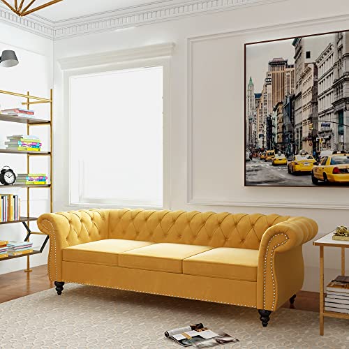 Chesterfield Sofa Velvet, Modern Tufted Couch 3 Seater with Rolled Arms and Nailhead for Living Room, Bedroom, Office, Apartment (Mango)