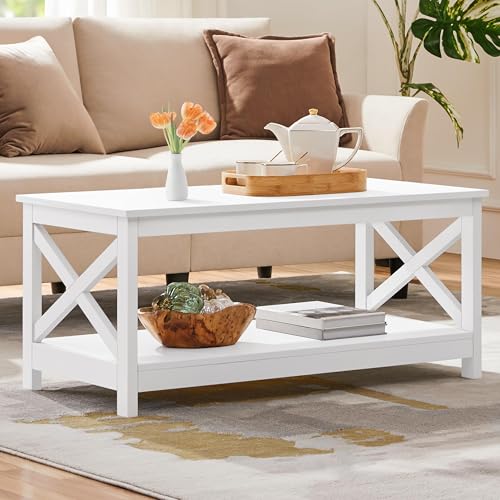 Yaheetech Wood 2-Tier White Coffee Table with Storage Shelf for Living Room, X Design Accent Cocktail Table, Simple Design Home Furniture, 39.5 x 20 x 18 Inches