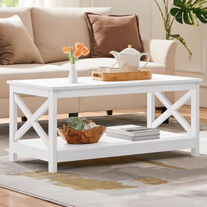 Yaheetech Wood 2-Tier White Coffee Table with Storage Shelf for Living Room, X Design Accent Cocktail Table, Simple Design Home Furniture, 39.5 x 20 x 18 Inches