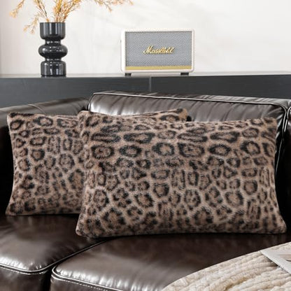 Faux Fur Cheetah Print Pillow Covers 20x12 Inch Set of 2, Leopard Print Decorative Pillow Covers Home Decor for Living Room Sofa & Bed, Beige Leopard