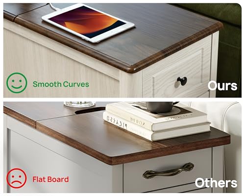 Farmhouse End Table with Charging Station, USB-C, Narrow Side Table with Storage Cabinet and Deep Drawer, Small Nightstand with Hidden USB Ports and Outlets for Living Room, Bedroom, Office, White