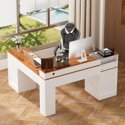 63" 2 Drawers Home Office Desks, File Cabinet Computer Charge Desk L Shape, view 5