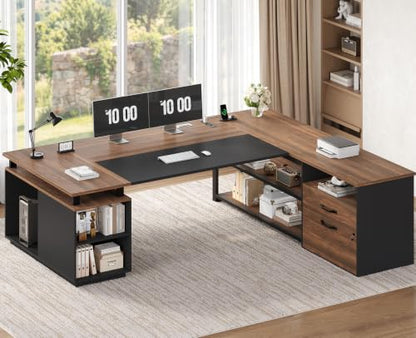 71" L Shaped Executive Desk, Large Office Desk with Lockable File Cabinet, view 2