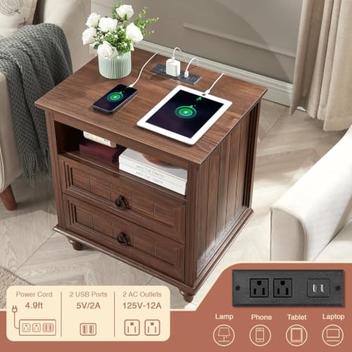 Farmhouse Nightstand with Charging Station, 22" Large End Table with 2 Drawers & Open Shelf, Rustic Wood Square Sofa Side Bedside Table w/4 Solid Wood Feet for Living Room, Bedroom,Walnut