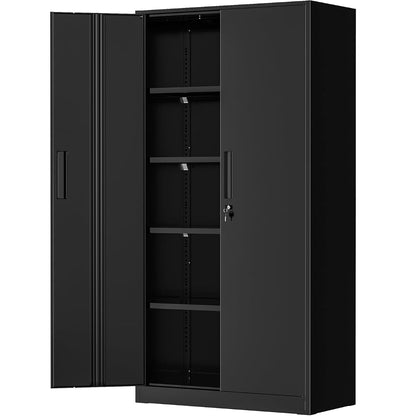 Metal Storage Cabinet with Lock, Steel Garage Storage Cabinet with 2 Doors and Adjustable Shelves, File Organization for Office, Home, Garage, School (Black)