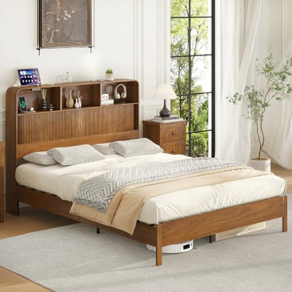 Queen Size Bed Frame with Headboard and Charging Station Walnut, view 4