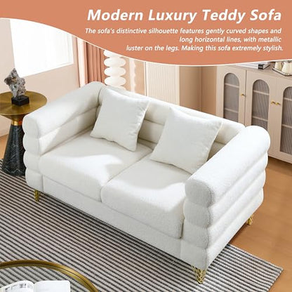 Luxury Teddy Sofa Set for Living Room, Modern Decor Furniture Sectional Sofa, 3 Seater Couch and Loveseat with 5 Pillows for Apartment, Office, Hall (White)