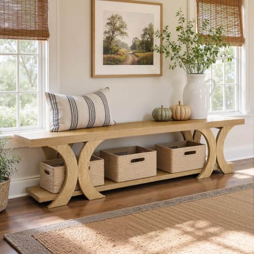 70.87" Extra Long Entryway Bench, Farmhouse Entryway Bench with Shoe Storage, Wooden Seating with Curved Legs for Living Room, Bedroom, Hallway, Foyer, Easy Assembly