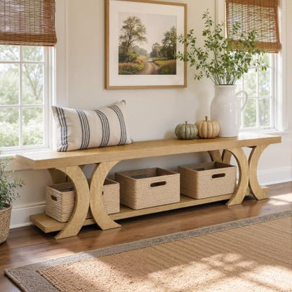70.87" Extra Long Entryway Bench, Farmhouse Entryway Bench with Shoe Storage, Wooden Seating with Curved Legs for Living Room, Bedroom, Hallway, Foyer, Easy Assembly
