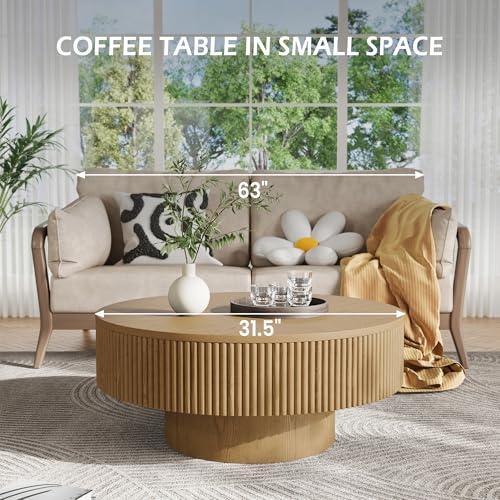 31.5” Round Fluted Coffee Table, Modern Wood Circle Coffee Table, Veneer Handcrafted Relief Tea Table with Sturdy Pedestal for Living Room - Natural