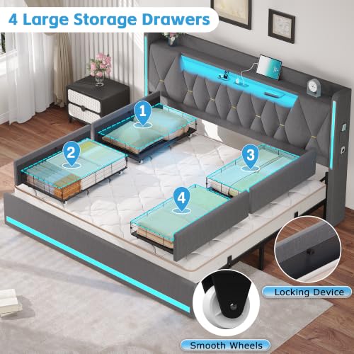 King Size Bed Frame with 4 Drawers, Storage Headboard and LED Lights, view 4