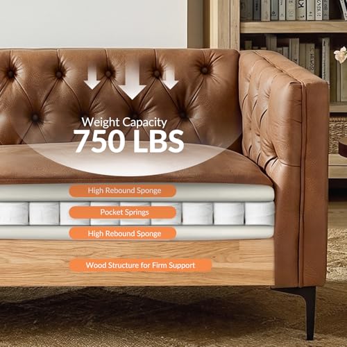 84" W Faux Leather Sofa Couch with Metal Legs, Button-Tufted 3-Seater Sofa, Mid Century Modern Upholstered Couch for Living Room, Entertainment Area, Apartment,Camel