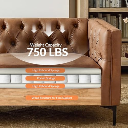 84" W Faux Leather Sofa Couch with Metal Legs, Button-Tufted 3-Seater Sofa, Mid Century Modern Upholstered Couch for Living Room, Entertainment Area, Apartment,Camel
