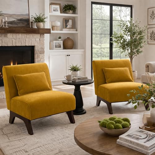 Armless Accent Chairs Set of 2,Modern Comfy Upholstered Living Room Chairs with Wooden Legs& Pillows,Lounge Sofa Side Chair for Bedroom Farmhouse Reading (2PCS, Yellow)