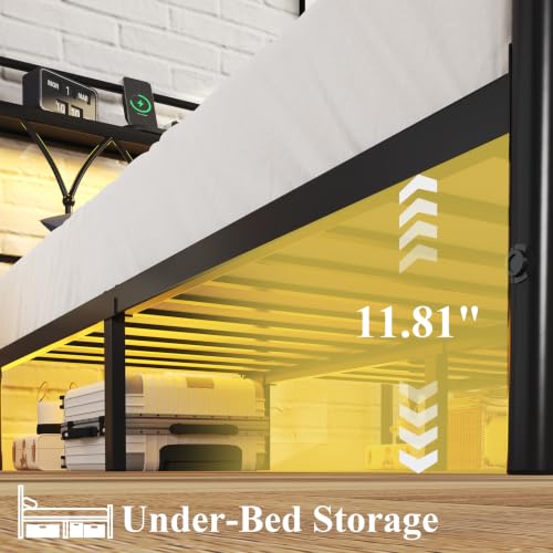 Full Size Metal Bed Frame with Storage Headboard, Charging Station, Black, view 7