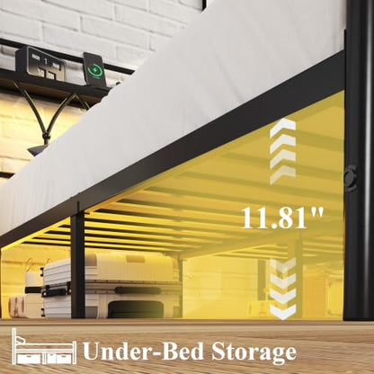 Full Size Metal Bed Frame with Storage Headboard, Charging Station, Black, view 7