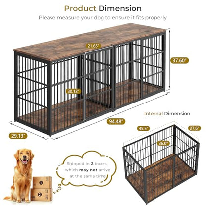 94" Double Dog Crate Furniture, TV Stand with Divider, Brown, view 8