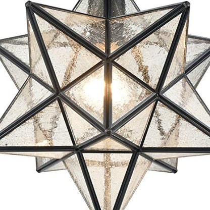 Moravian Star Light Flush Mount Ceiling Light with Seeded Glass Shade Black for Living Room Bedroom Bathroom Hallway