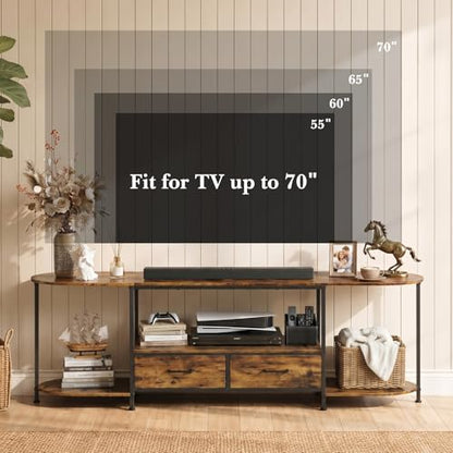 63 Inch TV Stand for TVs Up to 70 Inch, Rustic Brown Entertainment Center with 2 Fabric Drawers, Modern TV Console Table with Curved Edge, Wood Media Stand for Living Room Bedroom