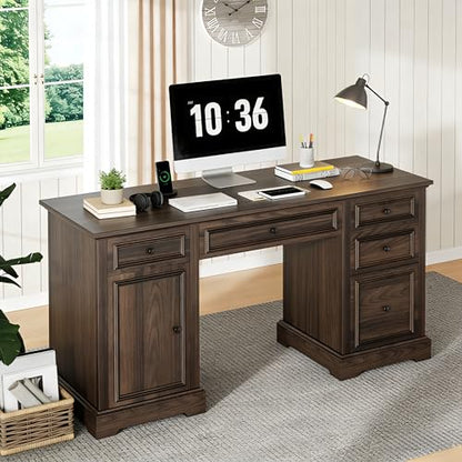 60" Farmhouse Executive Desk with Drawers and Cabinet, view 2