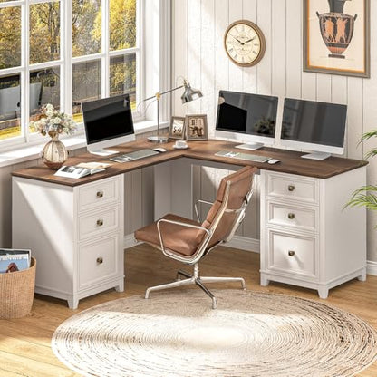 Farmhouse L Shaped Executive Desk with 6 Drawers, 59’’ Wood Home Office Desk with File Cabinet, Writing Corner Computer Desk for Home Office, Work, Study, White and Brown