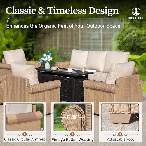 Patio Furniture Set, 4 x Cushioned Chairs, 3-Seat Sofa with Wood Grain Coffee Table, 5 Seats Luxury Windsor Style All Weahter Outdoor Sofa Conversation Set for Deck Lawn Backyard