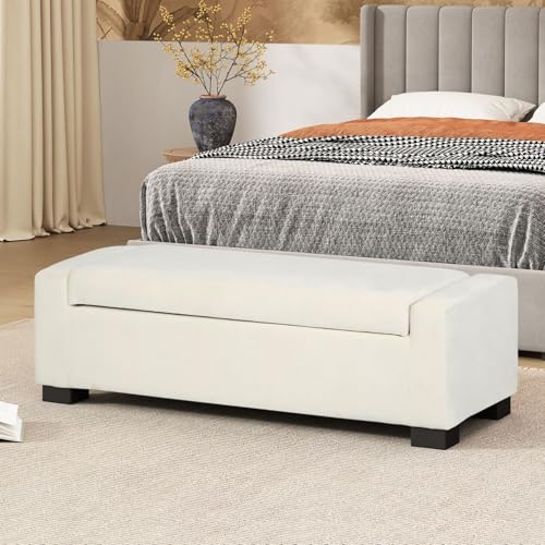 50" Ottoman Bench with Storage, Upholstered Seating Foot Rest Stool Furniture for Bedroom, Living Room, Entryway, White