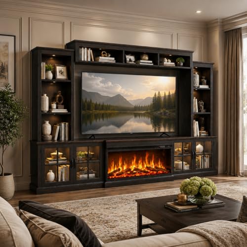 Black Farmhouse TV Stand with Fireplace, Entertainment Center, view 2