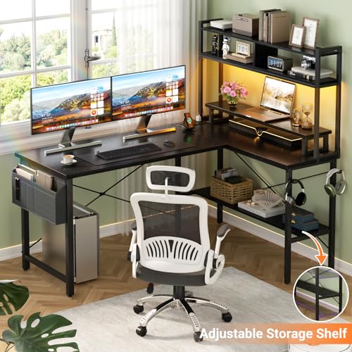 L Shaped Gaming Desk with Power Outlets & LED Lights, Black, view 6