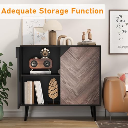 Wood Finish Storage Free Standing Accent Cabinet, Buffet Cabinet with Doors, Sideboard Table with Storage for Dining Room, Entryway, Black+Grey, 15.8" D x 31.5" W x 29.3" H