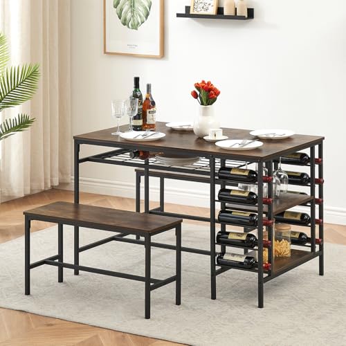 Dining Table Set for 4, Kitchen Table Set for 4 with 2 Benches, 3 Piece Dining Room Table Set for Small Space Apartment, Retro Brown