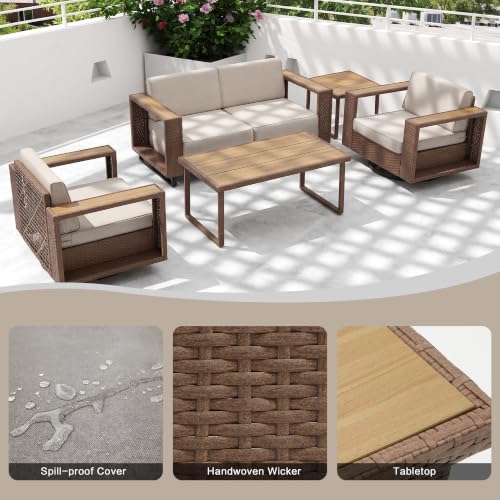 6 Pieces Outdoor Patio Furniture Set, Rocker Chairs and Sofa with 10 inch Thick Cushions and Steel Frame and Wooden Board, PE Rattan Weaving Outdoor Conversation Set Brown/Light Gray Linen
