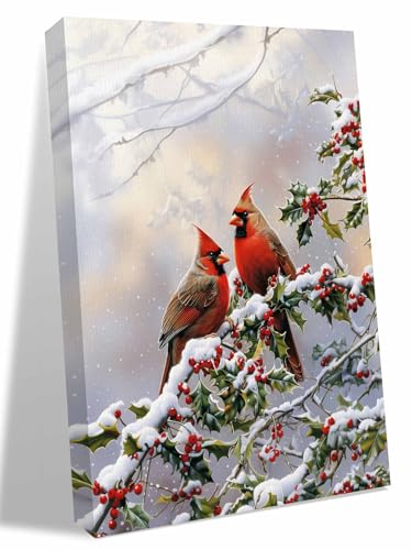 NuYeBiofx Christmas Red Bird on Tree Branch Canvas Wall Art Prints,30"x20" Framed Picture Artwork Winter Berry Snow Scenery Printed Canvas Oil Painting for Living Room Bedroom Office,Ready to Hang